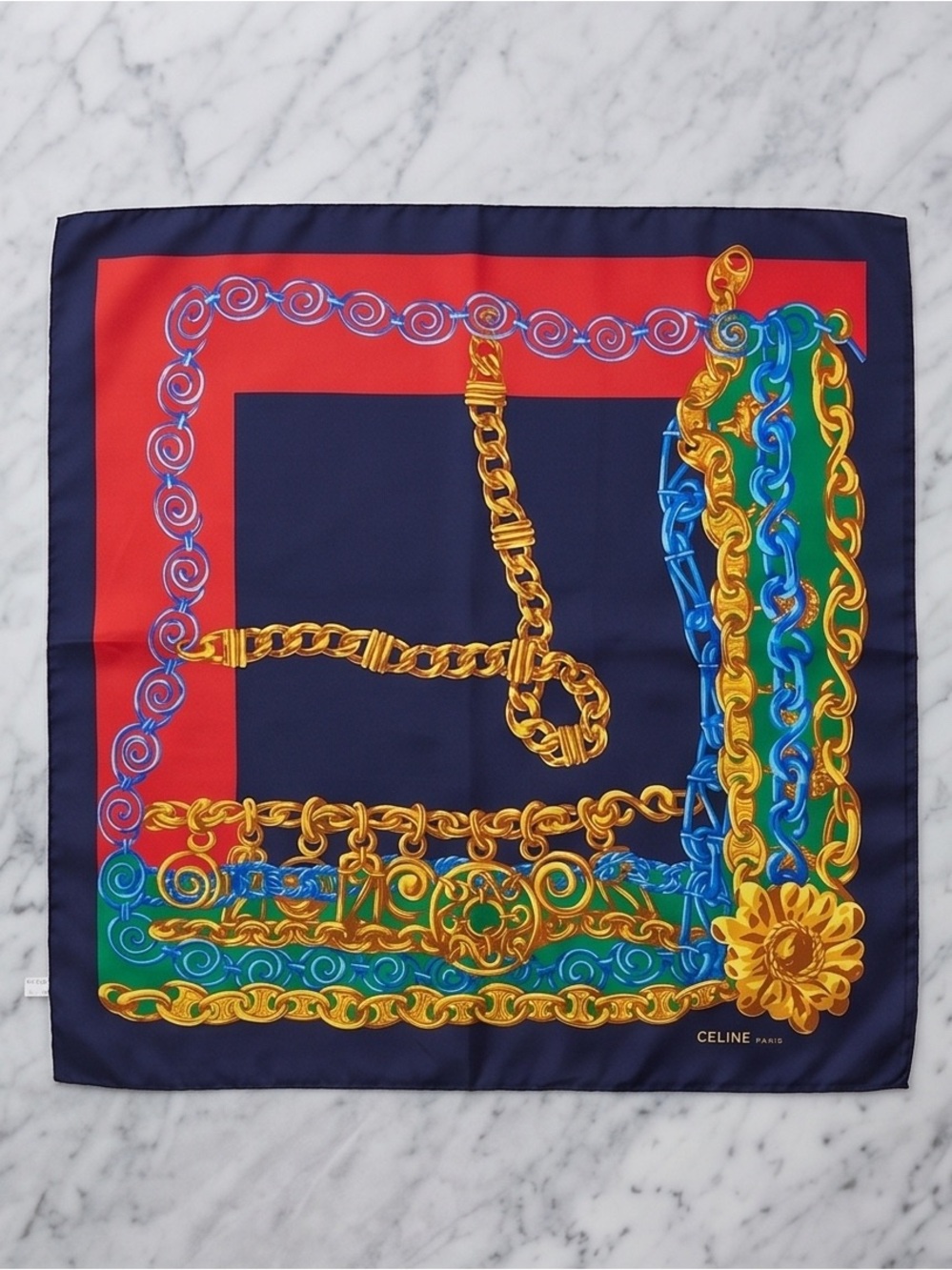 Celine Navy Red Multicolor Chain Print Silk Scarf